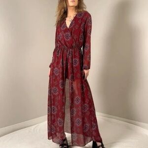 Rue21 Burgundy Paisley Maxi Romper Skort Dress Boho Fairy Whimsigoth Festival M